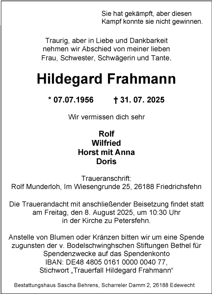  Traueranzeige für Hildegard Frahmann vom 05.08.2025 aus Nordwest-Zeitung