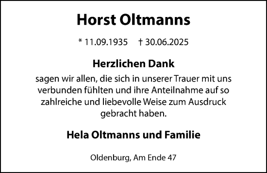Traueranzeige von Horst Oltmanns von Nordwest-Zeitung