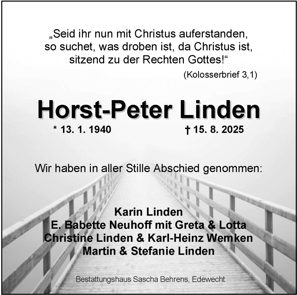  Traueranzeige für Horst-Peter Linden vom 30.08.2025 aus Nordwest-Zeitung