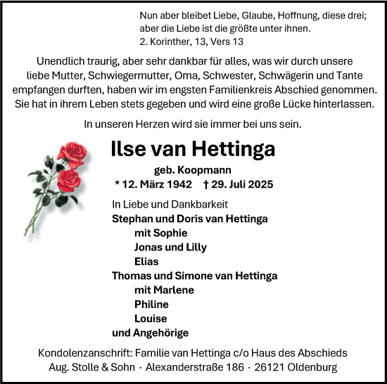 Traueranzeige von Ilse van Hettinga von Nordwest-Zeitung