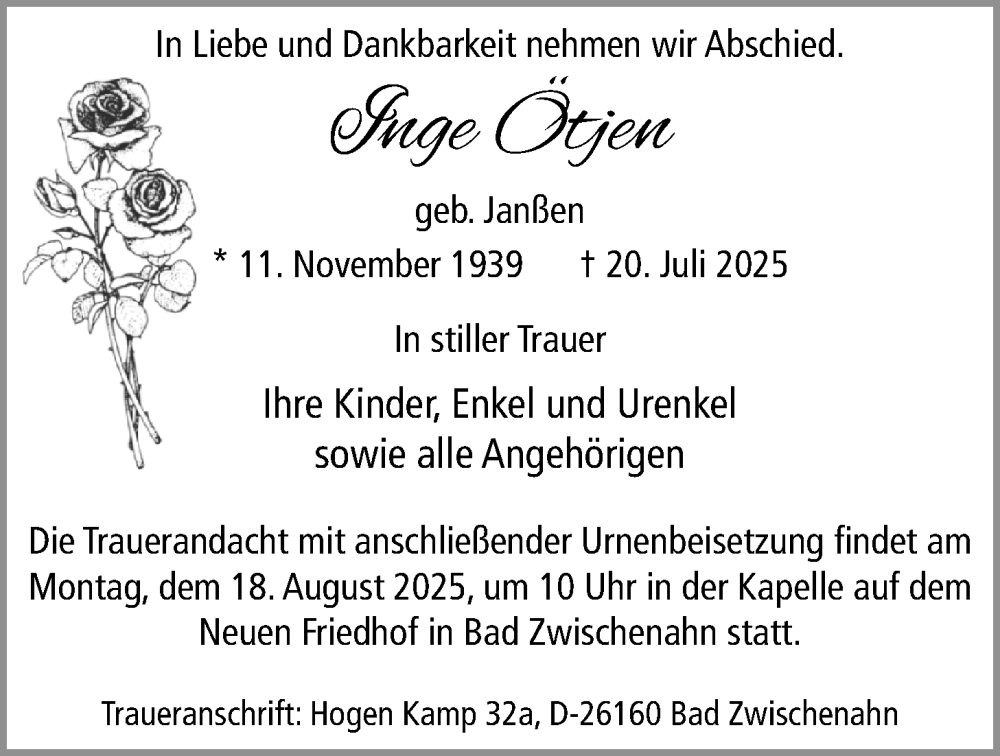  Traueranzeige für Inge Ötjen vom 02.08.2025 aus Nordwest-Zeitung