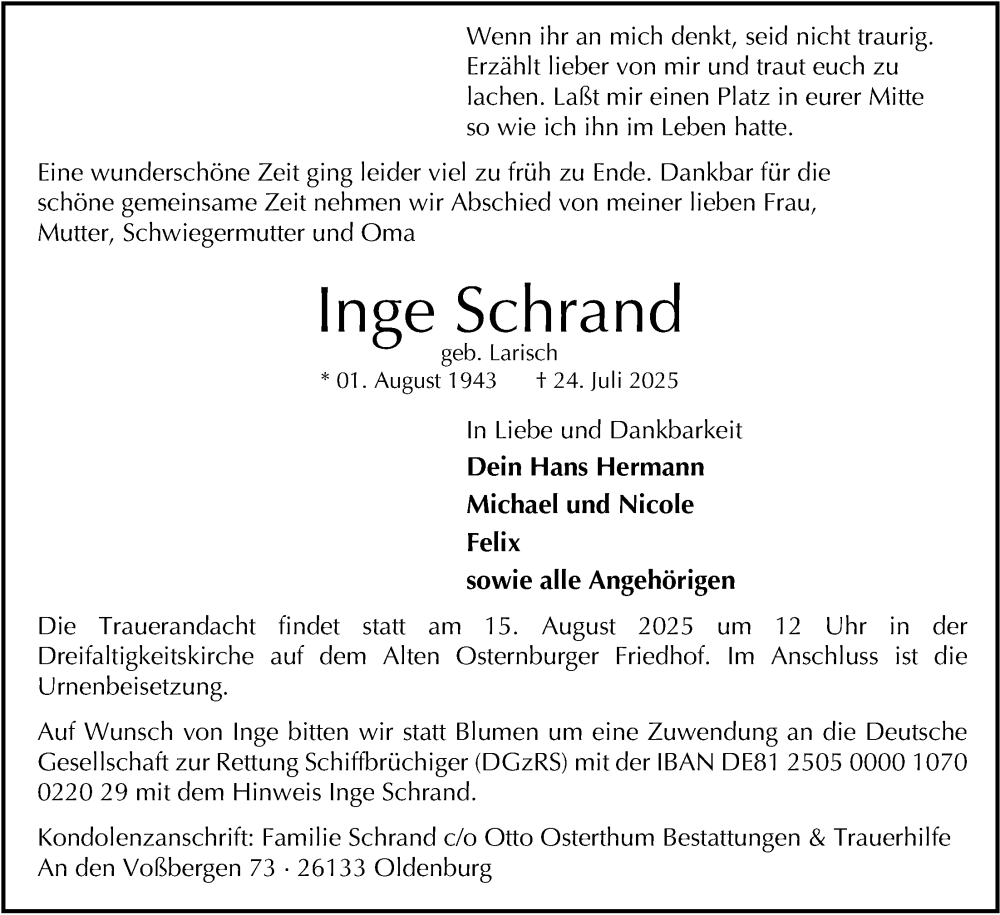  Traueranzeige für Inge Schrand vom 02.08.2025 aus Nordwest-Zeitung
