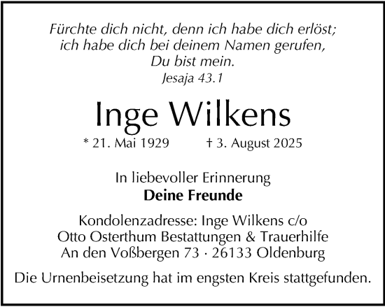 Traueranzeige von Inge Wilkens von Nordwest-Zeitung