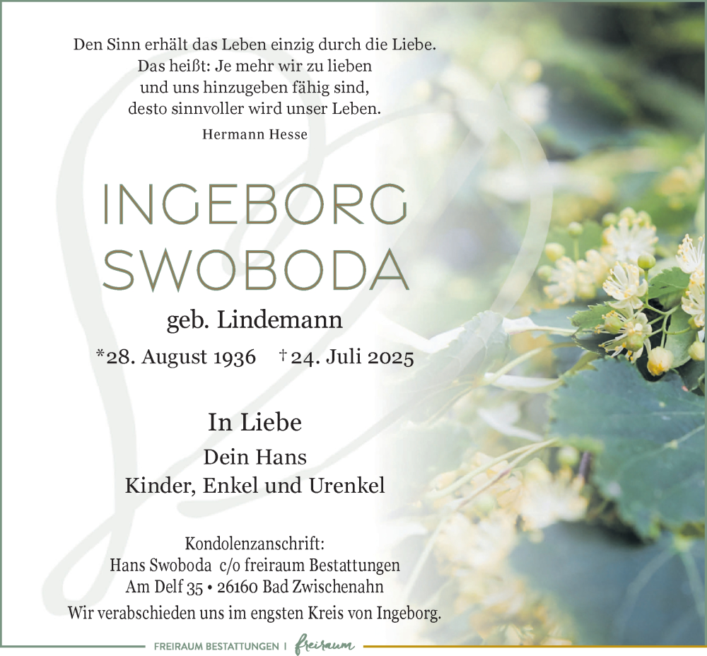  Traueranzeige für Ingeborg Swoboda vom 02.08.2025 aus Nordwest-Zeitung