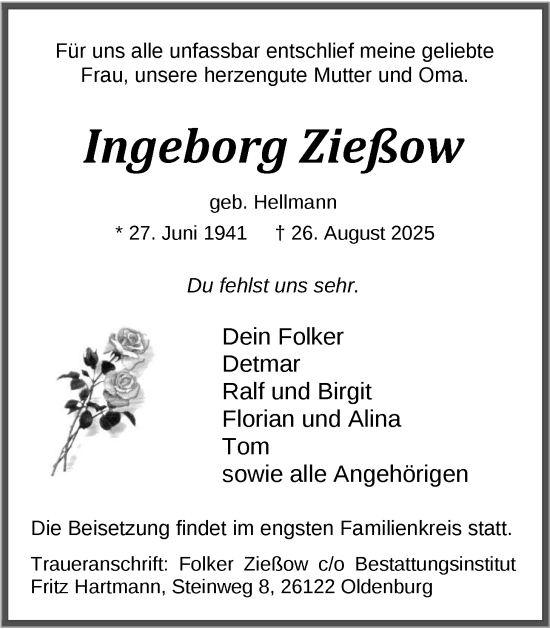 Traueranzeige von Ingeborg Zießow von Nordwest-Zeitung