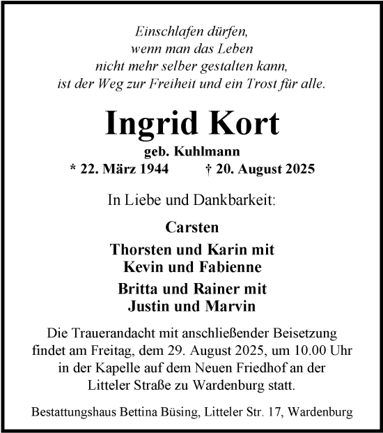 Traueranzeige von Ingrid Kort von Nordwest-Zeitung