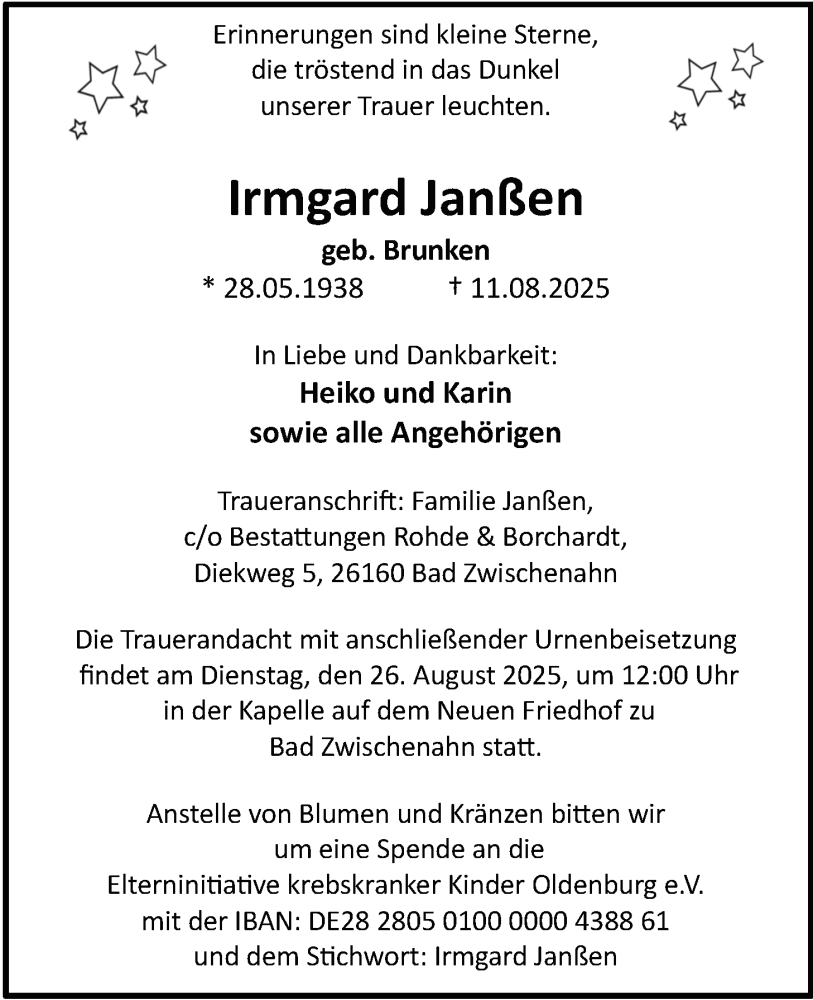  Traueranzeige für Irmgard Janßen vom 20.08.2025 aus Nordwest-Zeitung