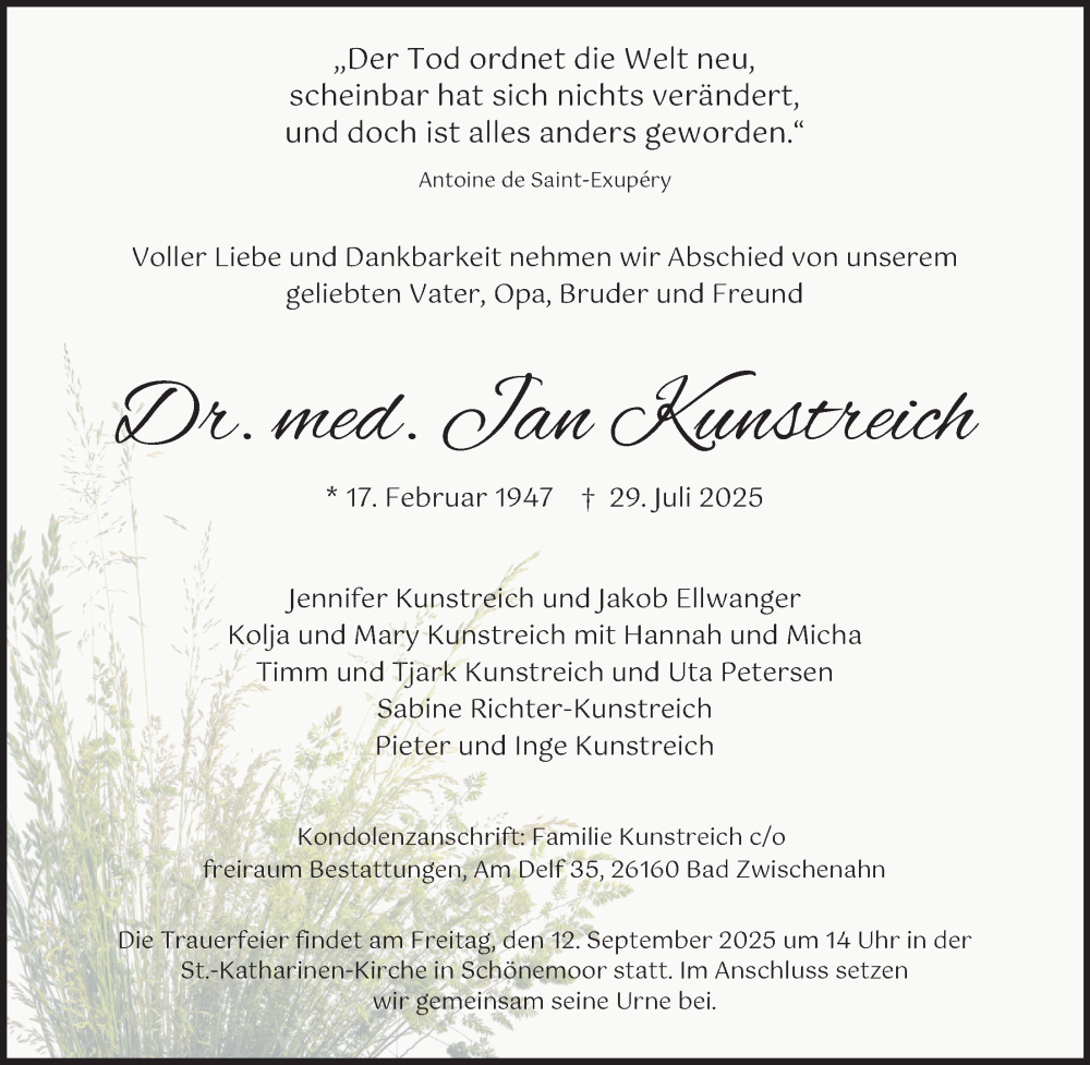  Traueranzeige für Jan Kunstreich vom 30.08.2025 aus Nordwest-Zeitung