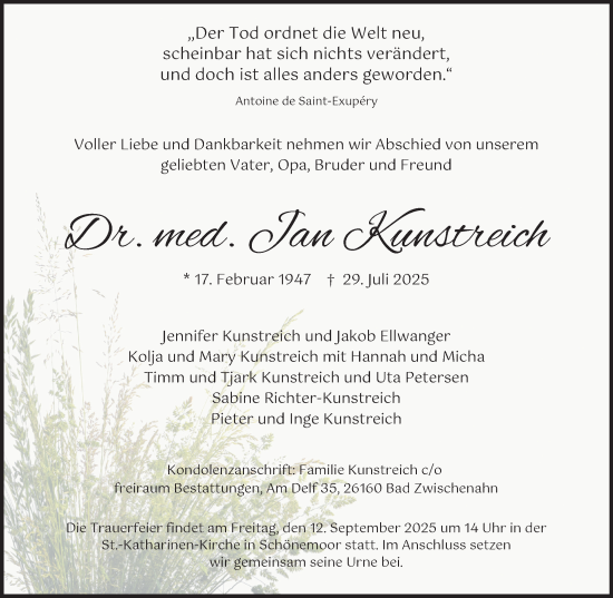 Traueranzeige von Jan Kunstreich von Nordwest-Zeitung