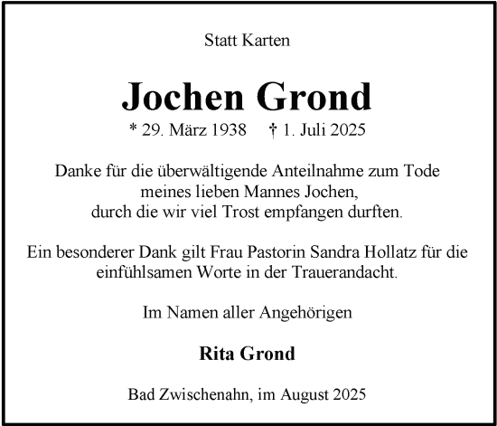 Traueranzeige von Jochen Grond von Nordwest-Zeitung