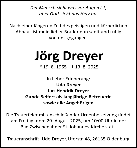 Traueranzeige von Jörg Dreyer von Nordwest-Zeitung