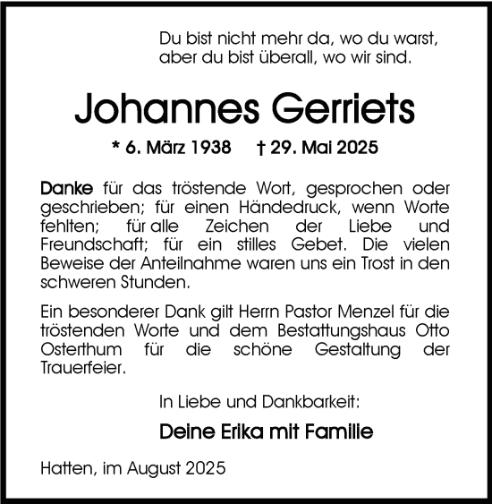 Traueranzeige von Johannes Gerriets von Nordwest-Zeitung