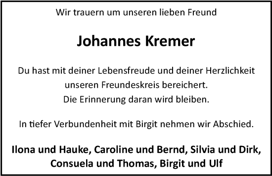 Traueranzeige von Johannes Kremer von Nordwest-Zeitung