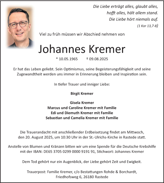 Traueranzeige von Johannes Kremer von Nordwest-Zeitung