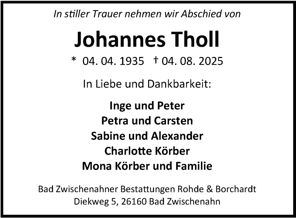  Traueranzeige für Johannes Tholl vom 09.08.2025 aus Nordwest-Zeitung