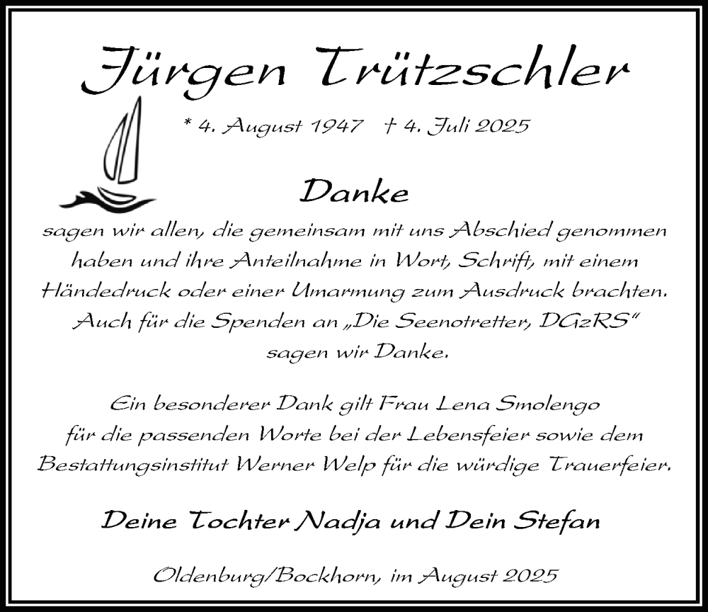 Traueranzeige für Jürgen Trützschler vom 23.08.2025 aus Nordwest-Zeitung