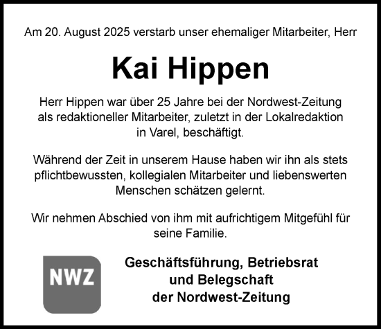 Traueranzeige von Kai Hippen von Nordwest-Zeitung