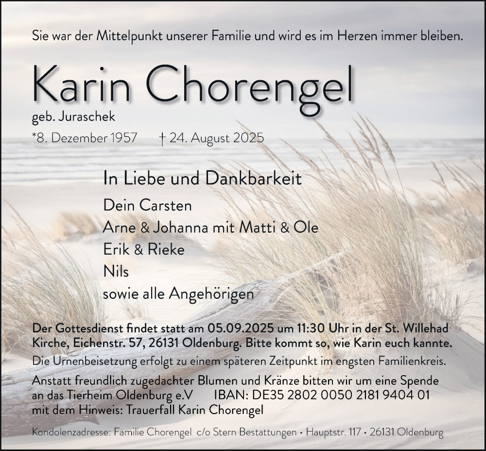  Traueranzeige für Karin Chorengel vom 30.08.2025 aus Nordwest-Zeitung