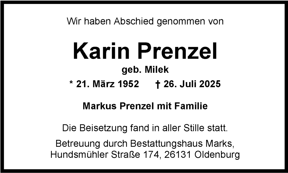  Traueranzeige für Karin Prenzel vom 16.08.2025 aus Nordwest-Zeitung