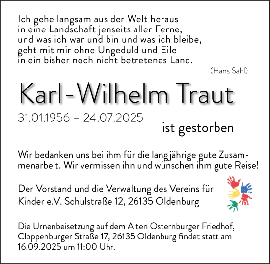 Traueranzeige von Karl-Wilhelm Traut von Nordwest-Zeitung