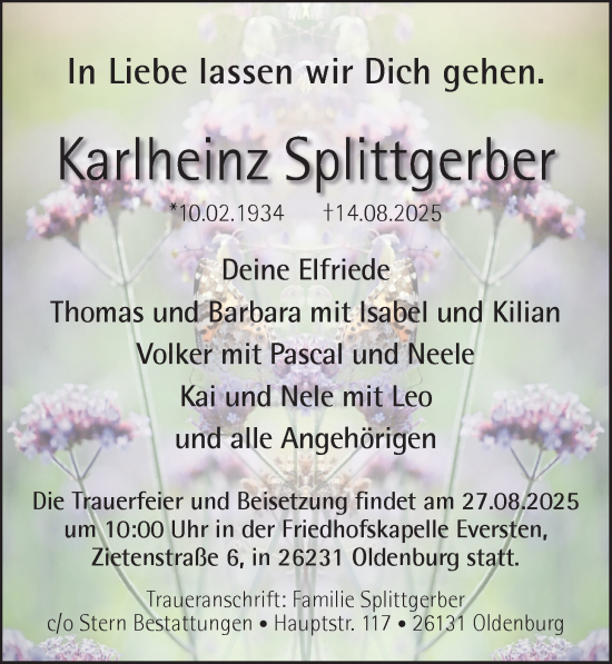 Traueranzeige von Karlheinz Splittgerber von Nordwest-Zeitung