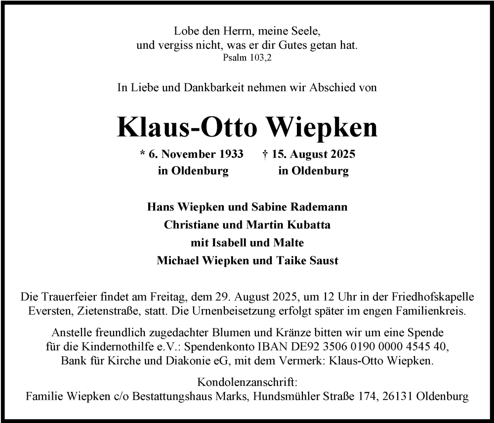  Traueranzeige für Klaus-Otto Wiepken vom 23.08.2025 aus Nordwest-Zeitung