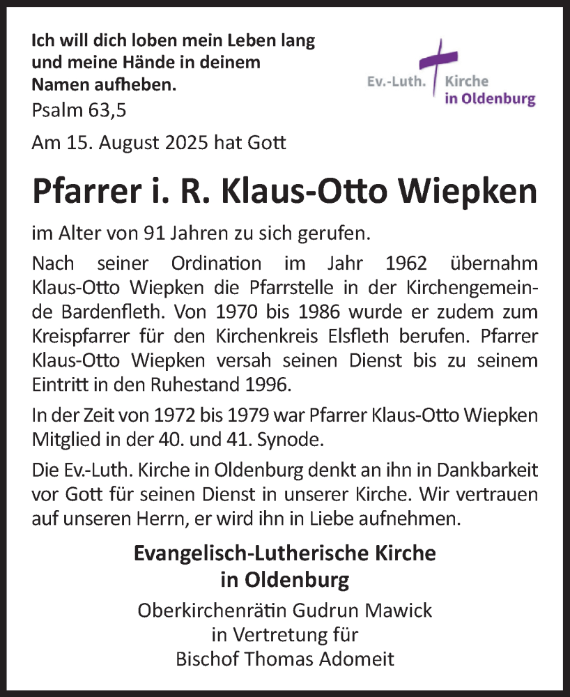  Traueranzeige für Klaus-Otto Wiepken vom 23.08.2025 aus Nordwest-Zeitung