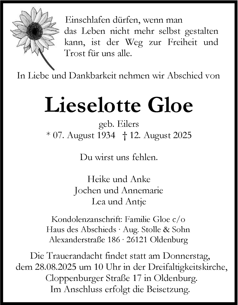  Traueranzeige für Lieselotte Gloe vom 23.08.2025 aus Nordwest-Zeitung