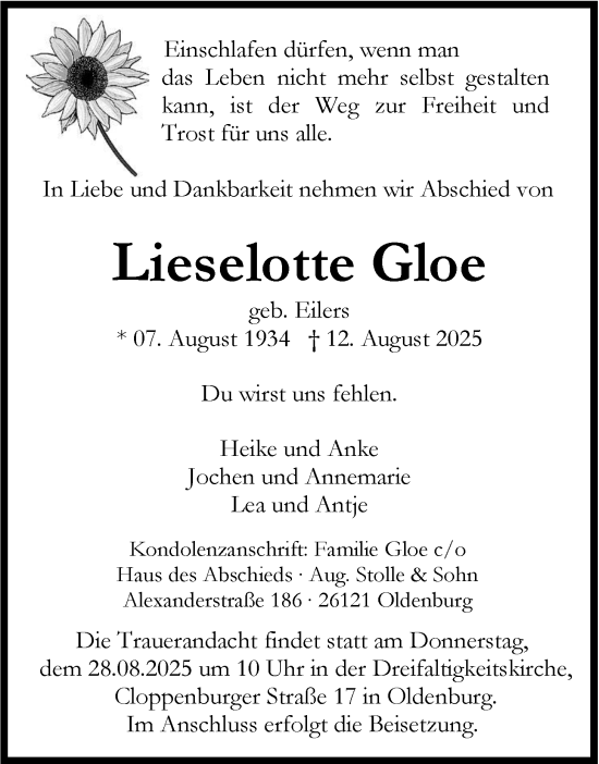 Traueranzeige von Lieselotte Gloe von Nordwest-Zeitung