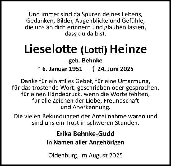 Traueranzeige von Lieselotte Heinze von Nordwest-Zeitung