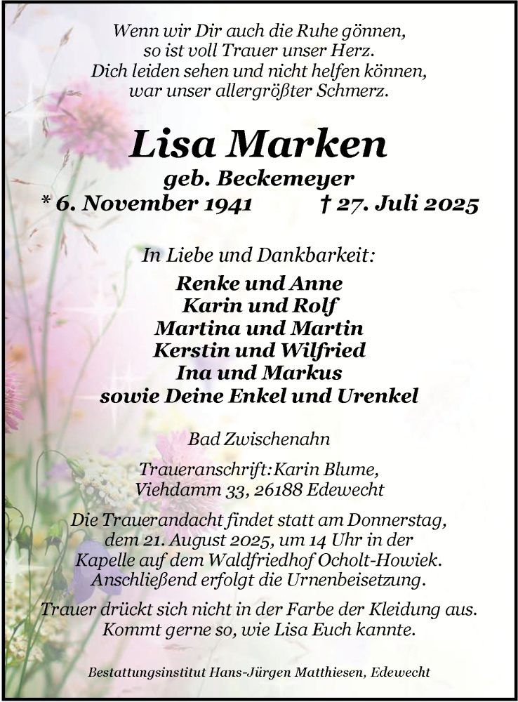  Traueranzeige für Lisa Marken vom 16.08.2025 aus Nordwest-Zeitung