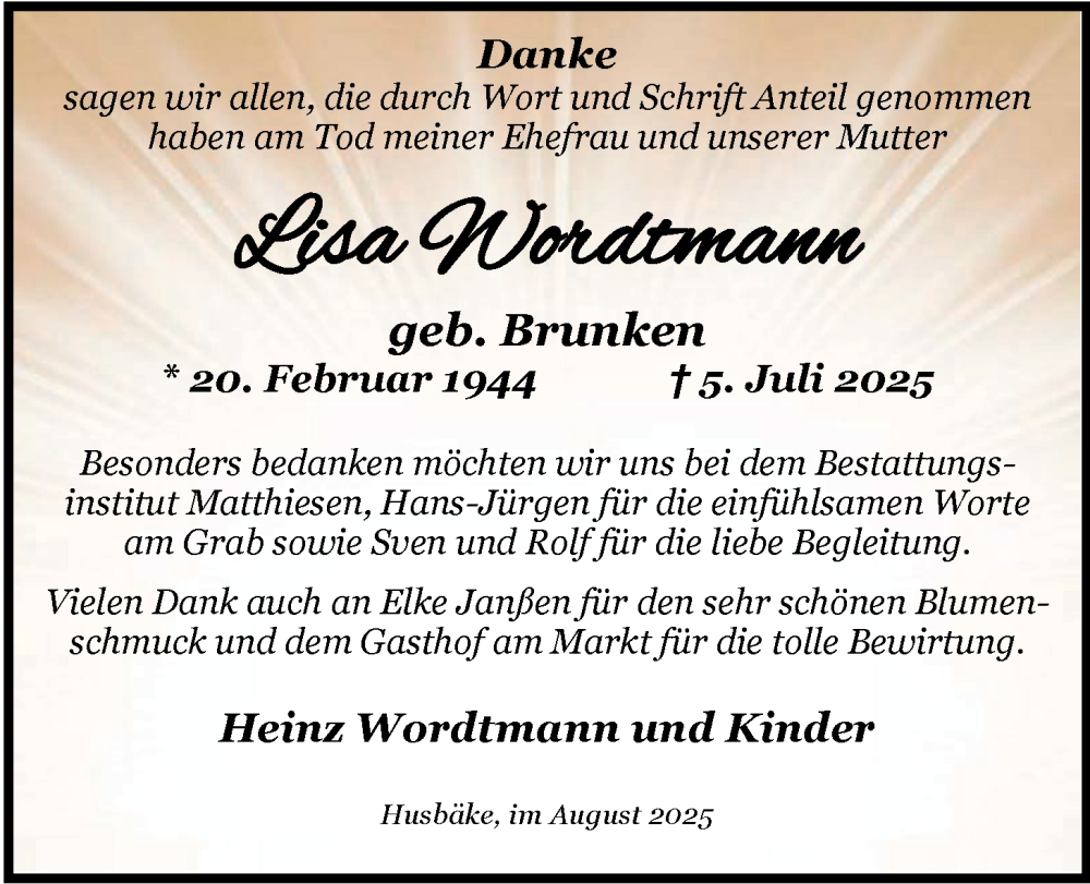  Traueranzeige für Lisa Wordtmann vom 09.08.2025 aus Nordwest-Zeitung