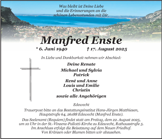 Traueranzeige von Manfred Enste von Nordwest-Zeitung