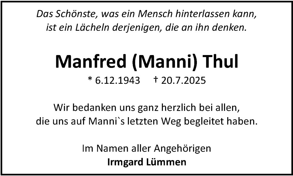  Traueranzeige für Manfred Thul vom 27.08.2025 aus Nordwest-Zeitung