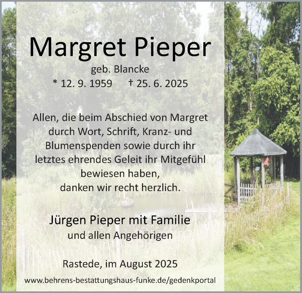  Traueranzeige für Margret Pieper vom 16.08.2025 aus Nordwest-Zeitung