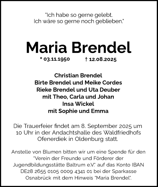 Traueranzeige von Maria Brendel von Nordwest-Zeitung