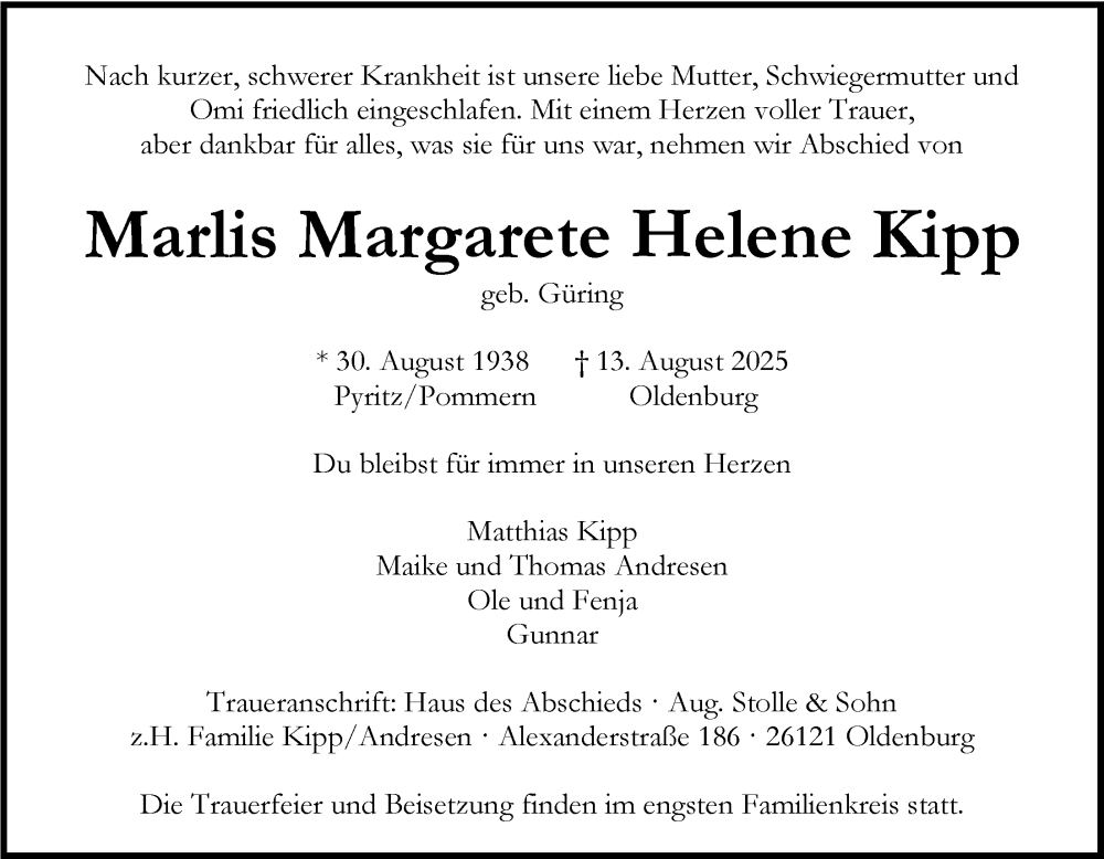  Traueranzeige für Marlis Margarete Helene Kipp vom 23.08.2025 aus Nordwest-Zeitung