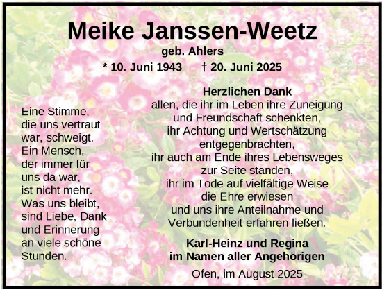 Traueranzeige von Meike Janssen-Weetz von Nordwest-Zeitung