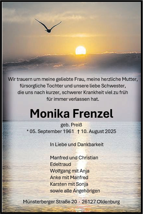 Traueranzeige von Monika Frenzel von Nordwest-Zeitung