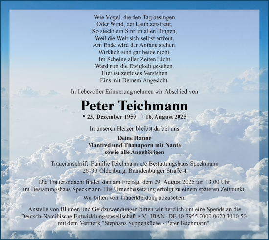 Traueranzeige von Peter Teichmann von Nordwest-Zeitung
