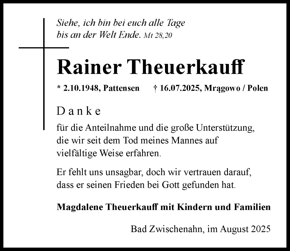  Traueranzeige für Rainer Theuerkauff vom 23.08.2025 aus Nordwest-Zeitung