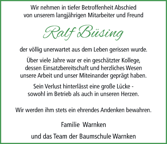 Traueranzeige von Ralf Büsing von Nordwest-Zeitung