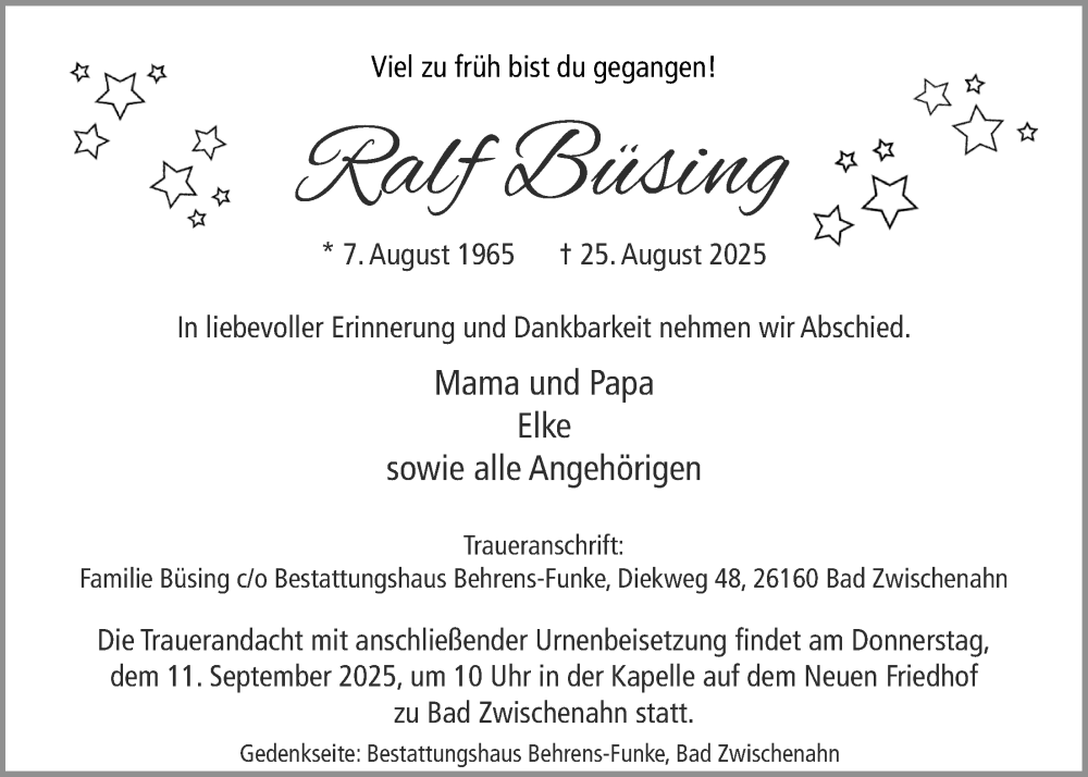  Traueranzeige für Ralf Büsing vom 30.08.2025 aus Nordwest-Zeitung