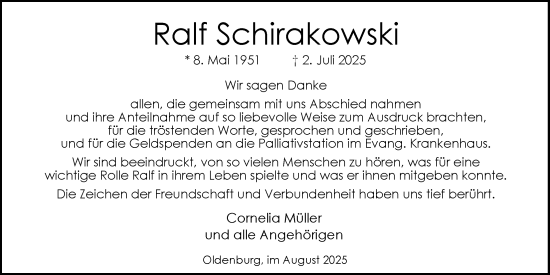 Traueranzeige von Ralf Schirakowski von Nordwest-Zeitung