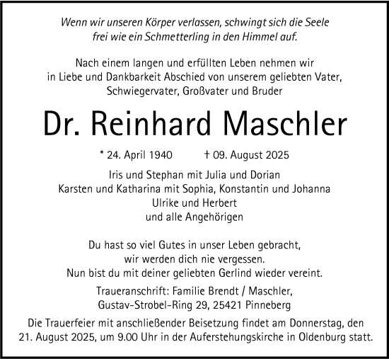 Traueranzeige von Reinhard Maschler von Nordwest-Zeitung