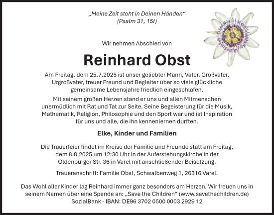 Traueranzeige von Reinhard Obst von Nordwest-Zeitung