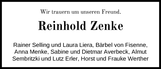 Traueranzeige von Reinhold Zenke von Nordwest-Zeitung