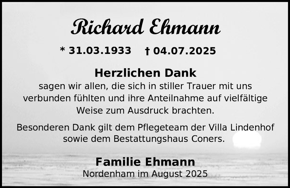  Traueranzeige für Richard Ehmann vom 09.08.2025 aus Nordwest-Zeitung