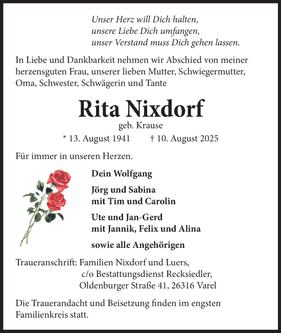 Traueranzeige von Rita Nixdorf von Nordwest-Zeitung