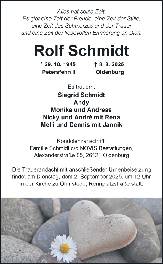 Traueranzeige von Rolf Schmidt von Nordwest-Zeitung